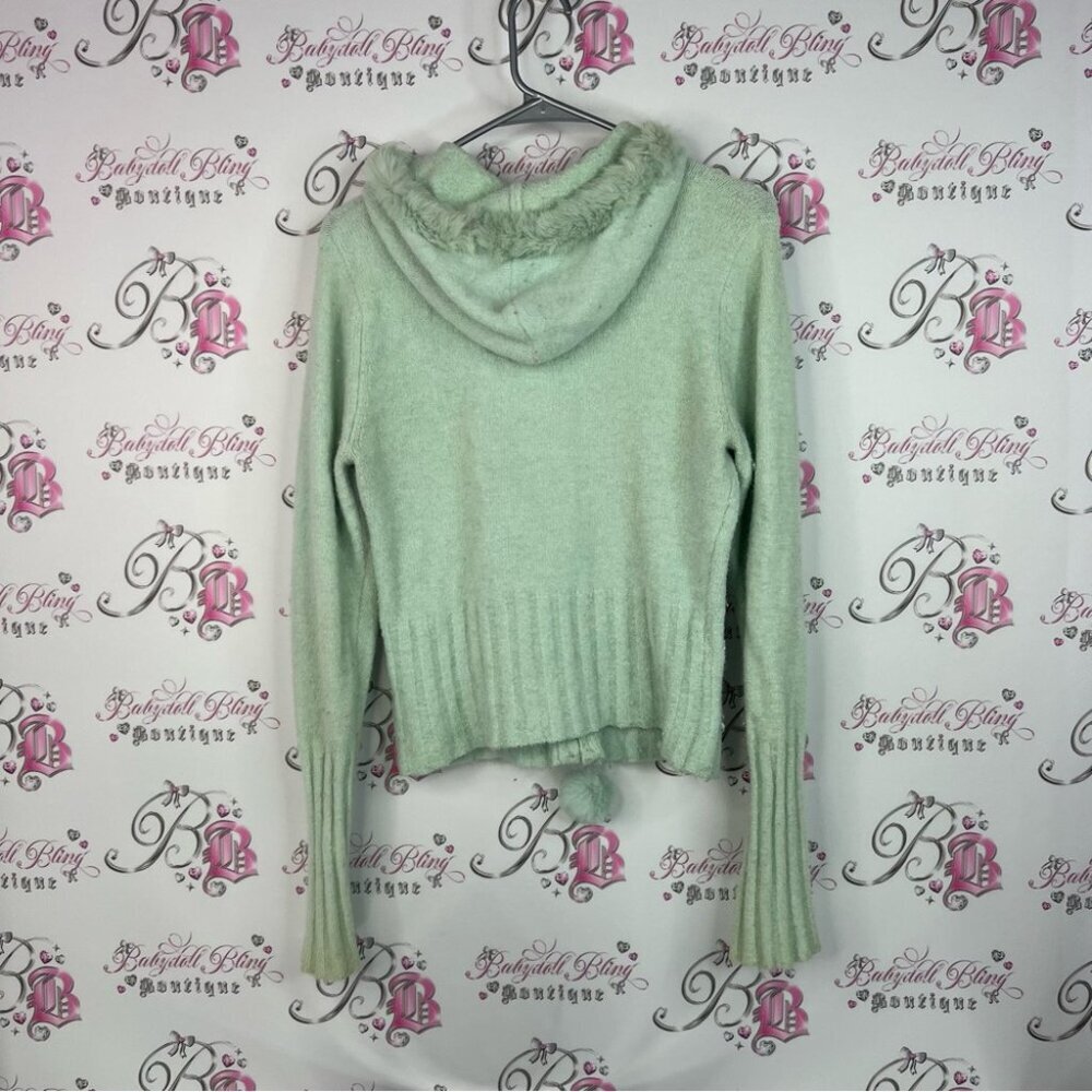 Bebe angora rabbit fur sweater hoodie Light Green Ribbed Sweater with Pom-Poms - Picture 2 of 9